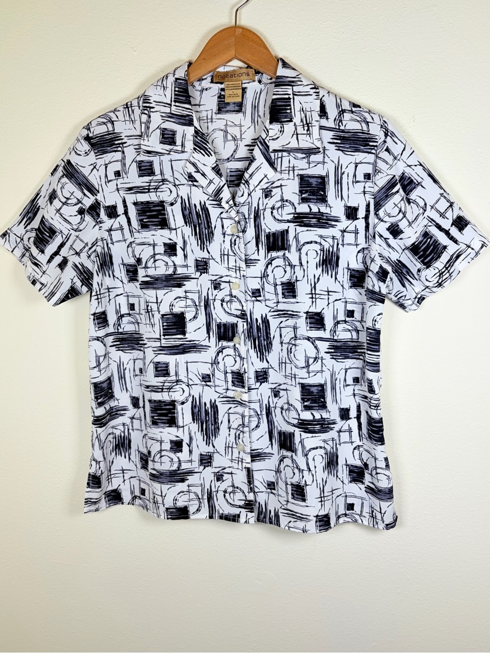 Notations Large Abstract Print Button Front Blouse Black White Career Top